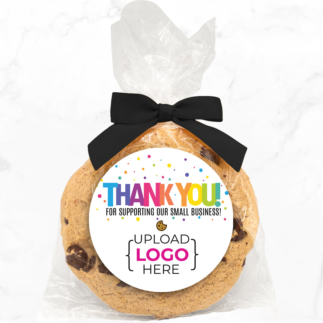 Colorful Thank You Logo Upload - Gourmet Chocolate Chip Or Variety Pack W/ Full Color Personalized Sticker w/ Gift Bag & Matching Bow