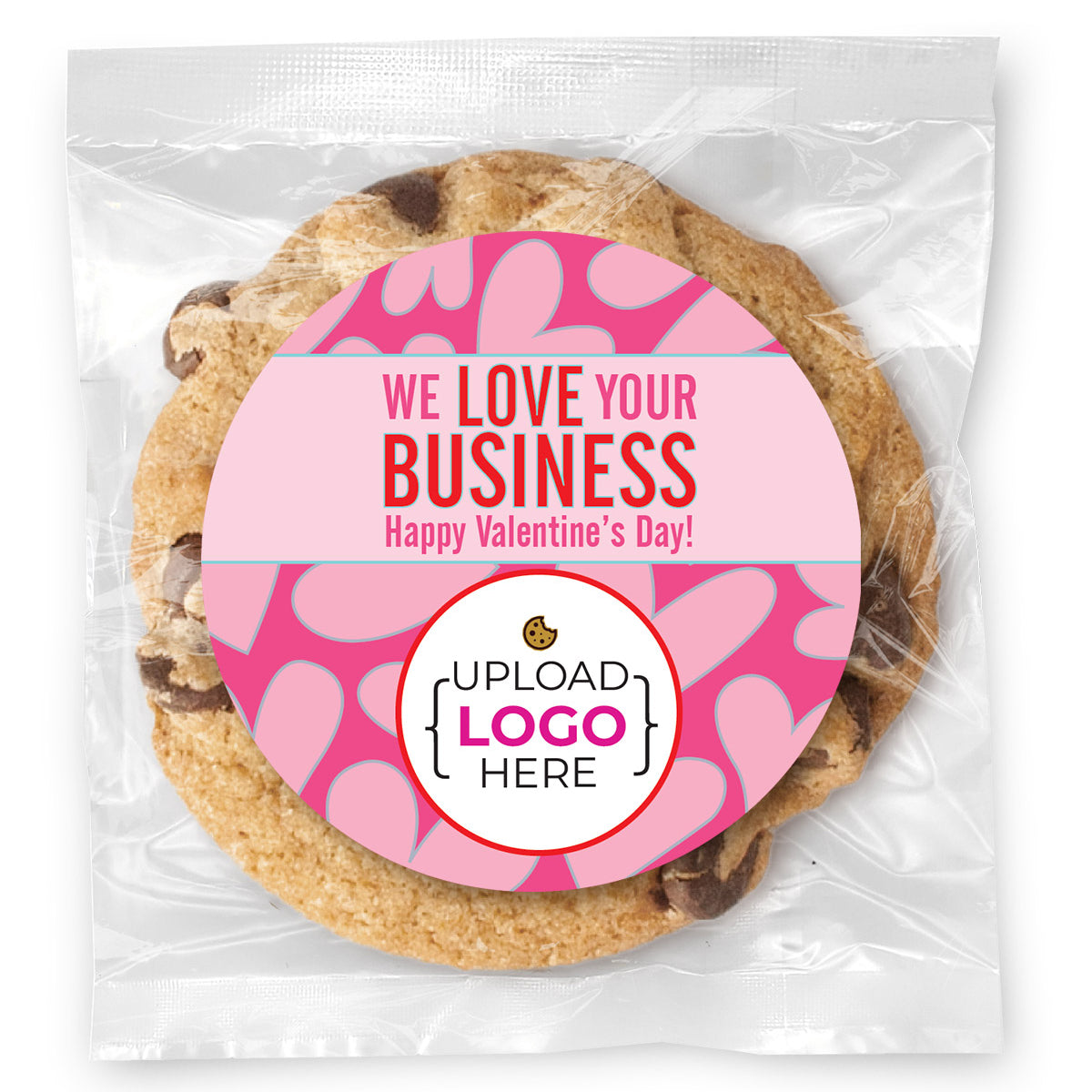 Valentine We Love doing Business with you Logo Upload- Gourmet Chocolate Chip Or Variety Pack W/ Full Color Personalized Sticker
