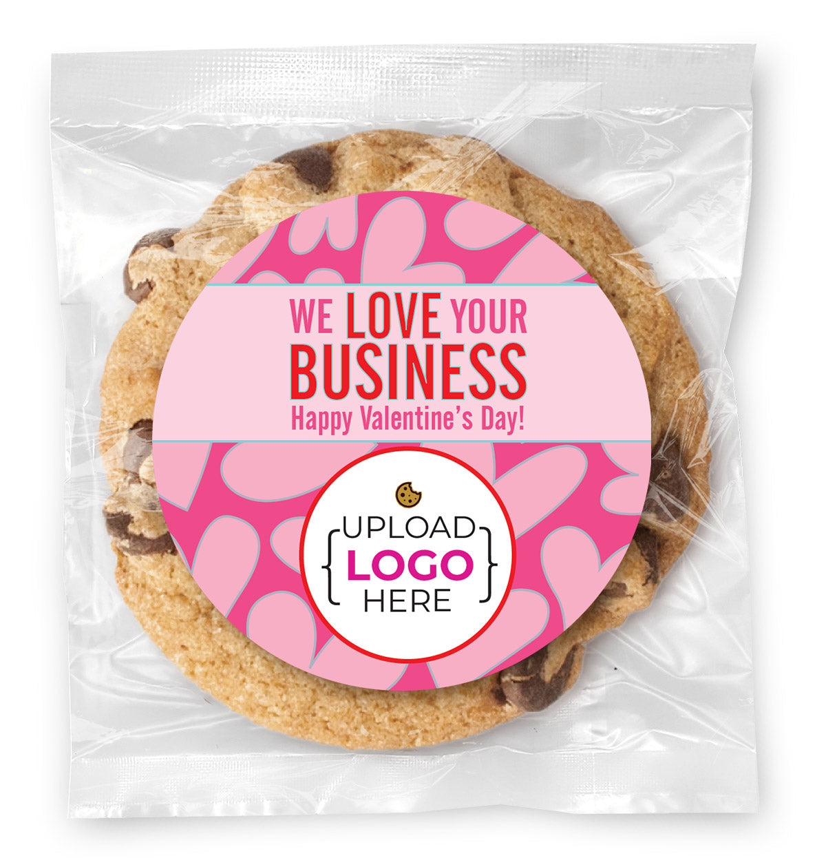 Valentine We Love doing Business with you Logo Upload- Gourmet Chocolate Chip Or Variety Pack W/ Full Color Personalized Sticker