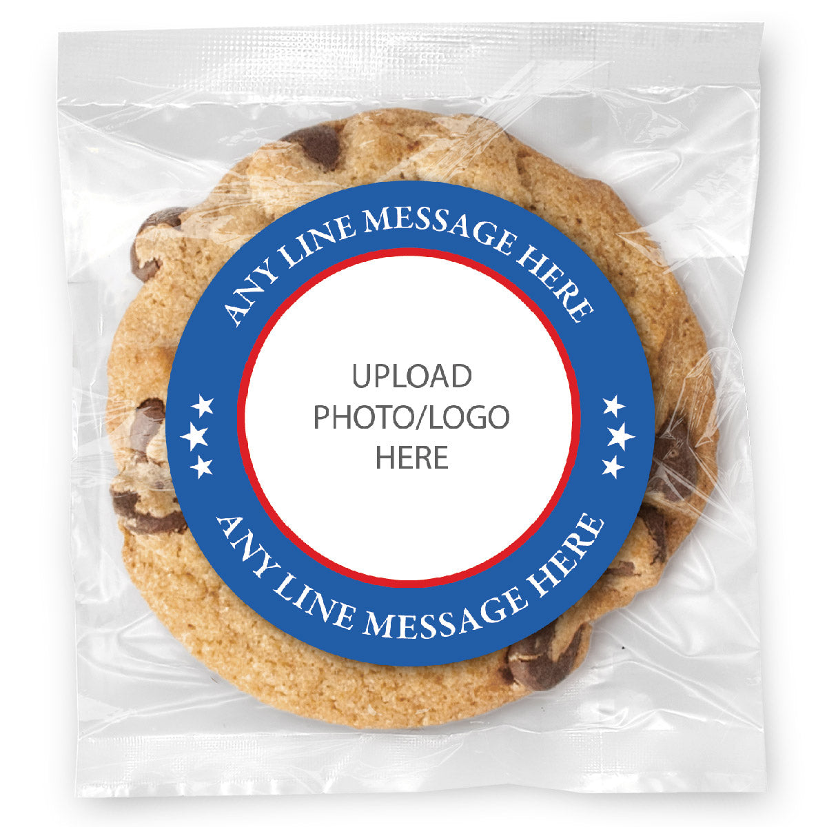 Patriotic 2-line Message & Photo/Logo Upload - Gourmet Chocolate Chip Or Variety Pack W/ Full Color Personalized Sticker