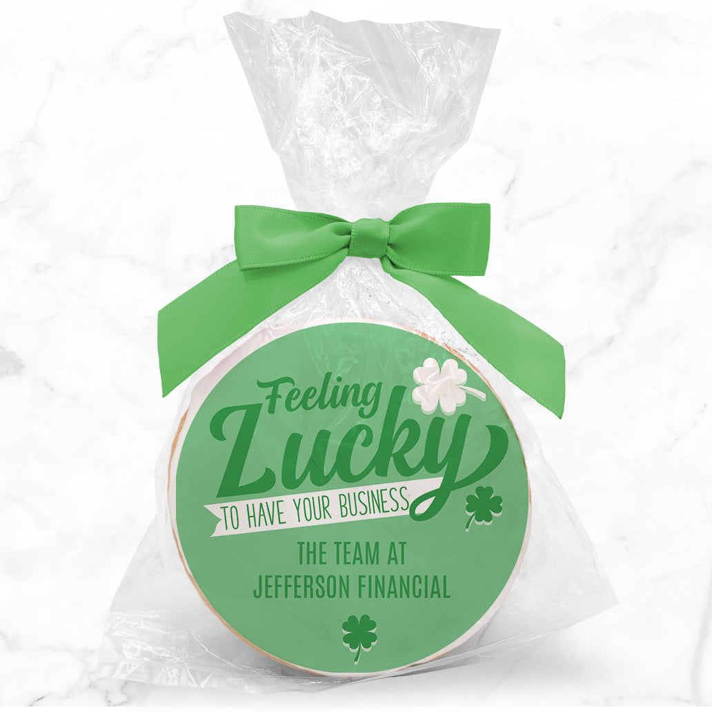 Feeling Lucky to have your Business - Personalized Direct Print On Round Sugar Cookie w/ Gift Bag & Matching Bow