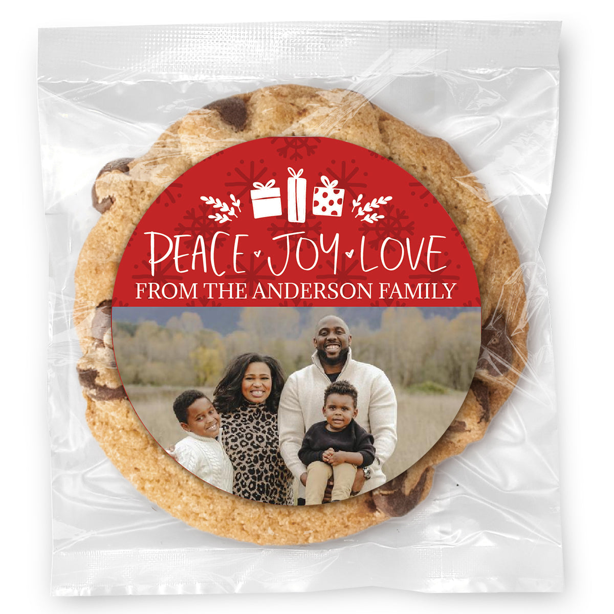 Peace Love Joy Photo Upload - Gourmet Chocolate Chip Or Variety Pack W/ Full Color Personalized Sticker