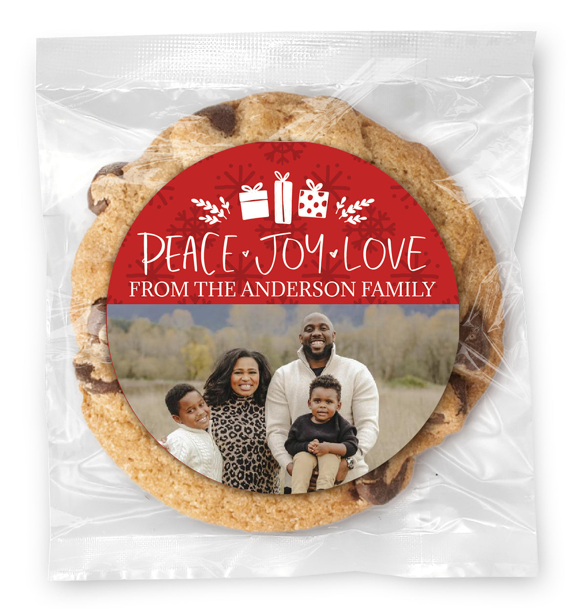 Peace Love Joy Photo Upload - Gourmet Chocolate Chip Or Variety Pack W/ Full Color Personalized Sticker