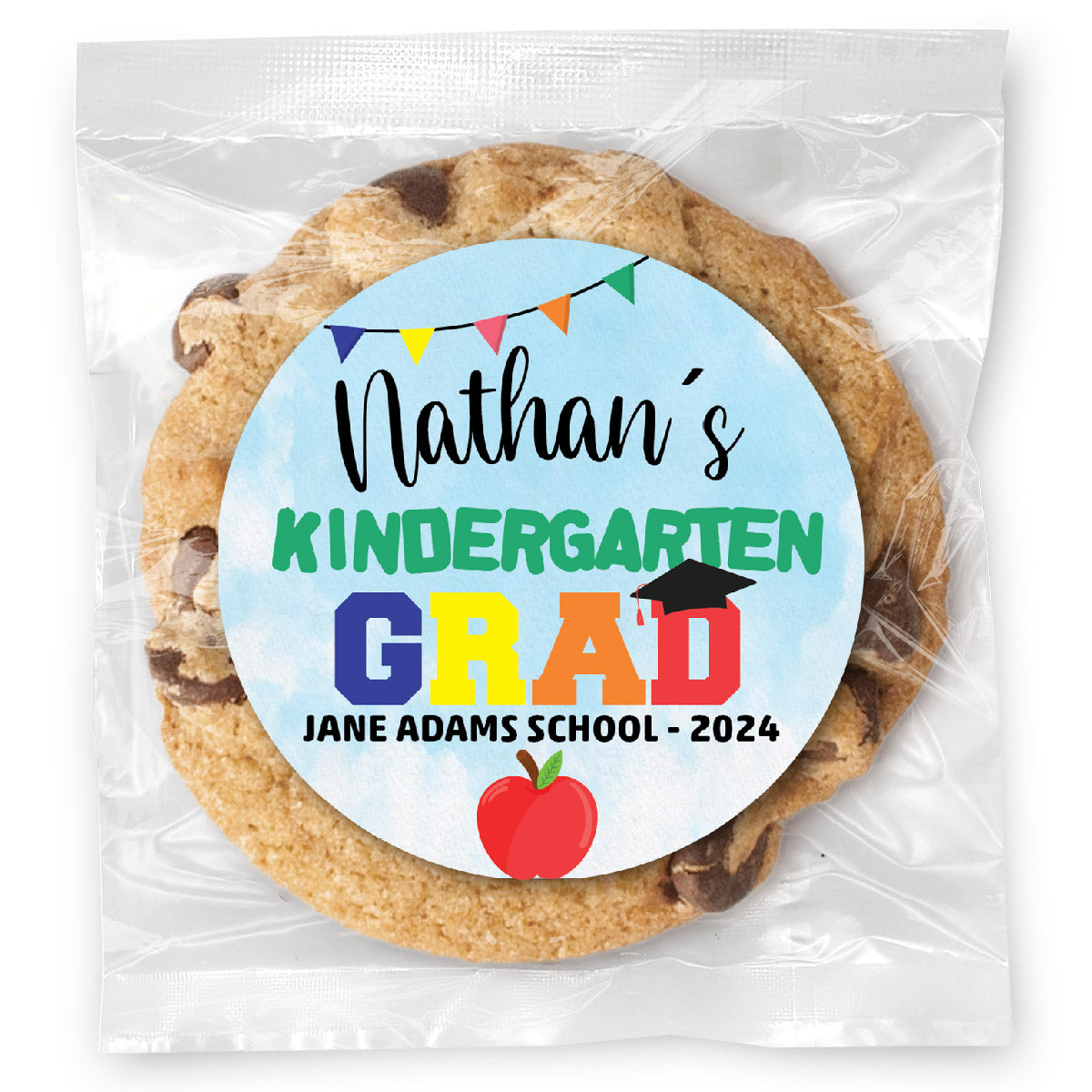 Kindergarten Grad Colorful - Gourmet Chocolate Chip Or Variety Pack W/ Full Color Personalized Sticker