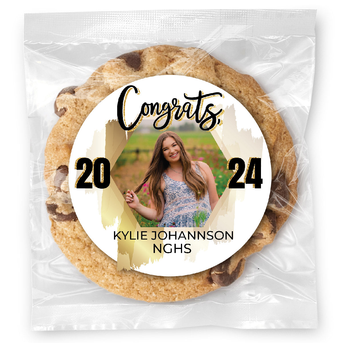 Congrats Photo Gold Hexagon - Gourmet Chocolate Chip Or Variety Pack W/ Full Color Personalized Sticker