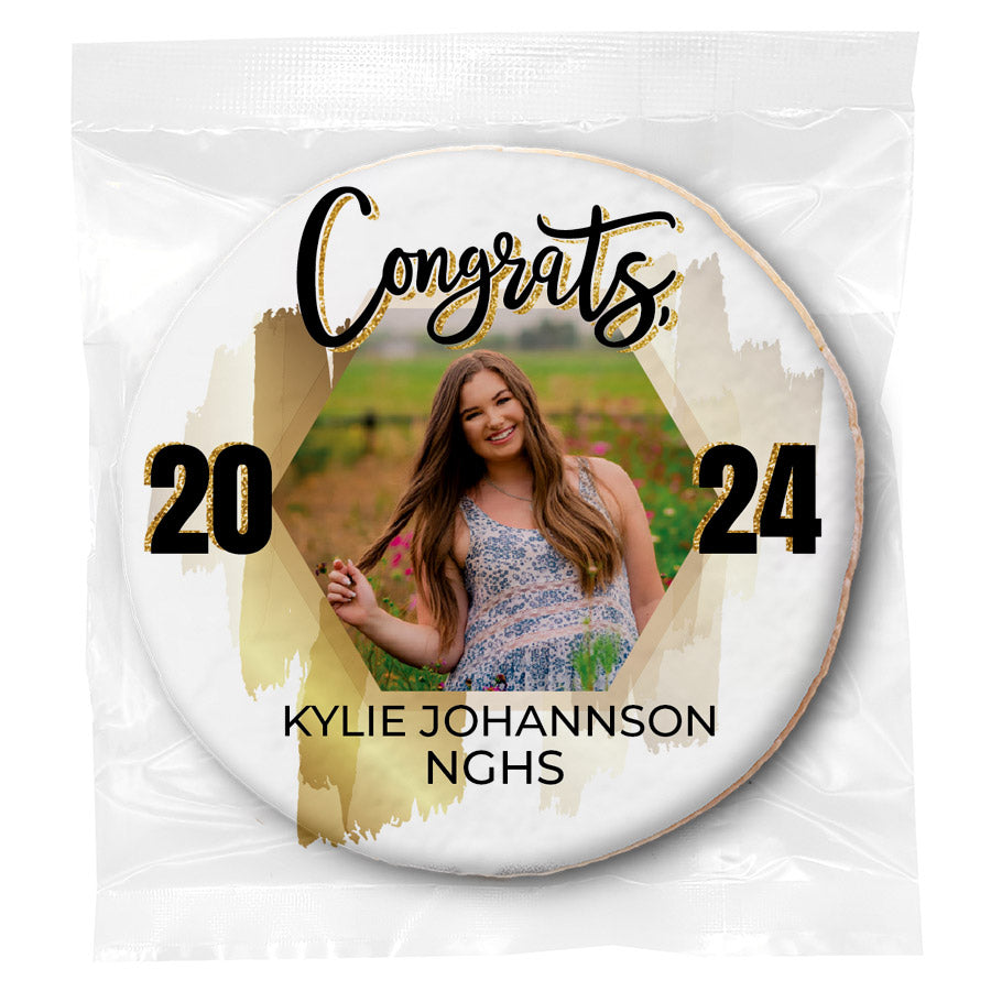Congrats Photo Gold Hexagon - Personalized Direct Print On Round Sugar Cookie