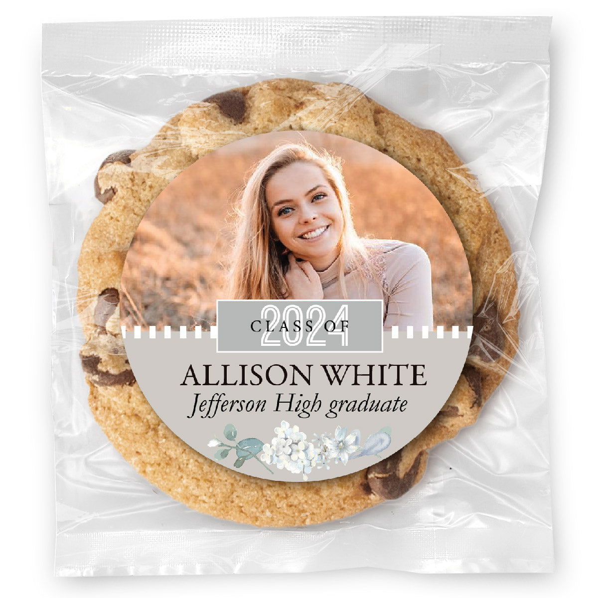 Floral Photo Grad - Gourmet Chocolate Chip Or Variety Pack W/ Full Color Personalized Sticker