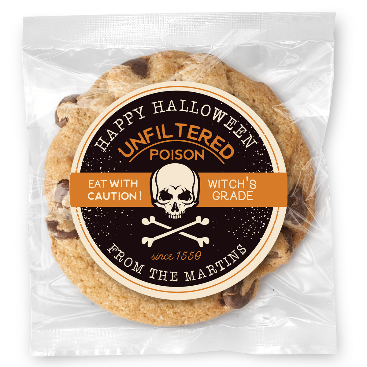 Happy Halloween Poison - BLACK - Gourmet Chocolate Chip Or Variety Pack W/ Full Color Personalized Sticker