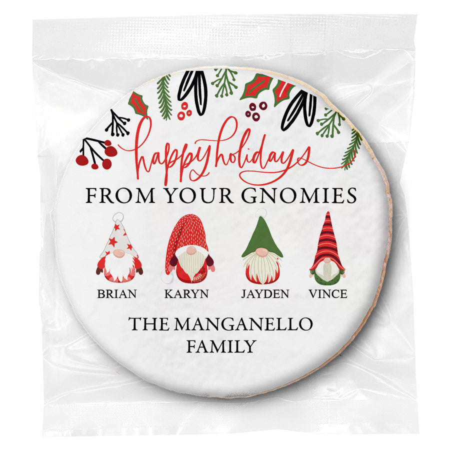 Holiday GnomIes family of 5 - Personalized Direct Print On Round Sugar Cookie