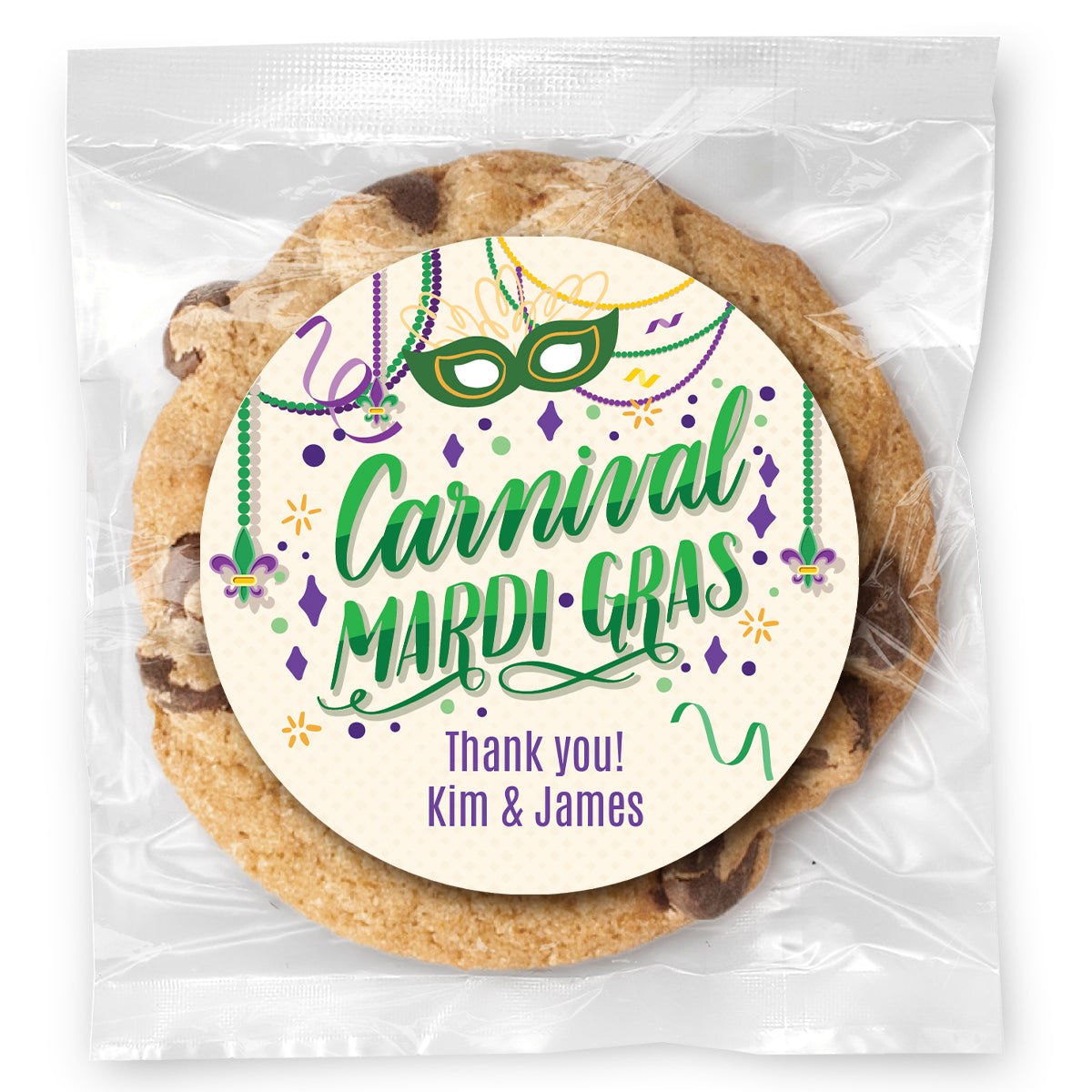 Carnival Mardi Gras - Gourmet Chocolate Chip Or Variety Pack W/ Full Color Personalized Sticker