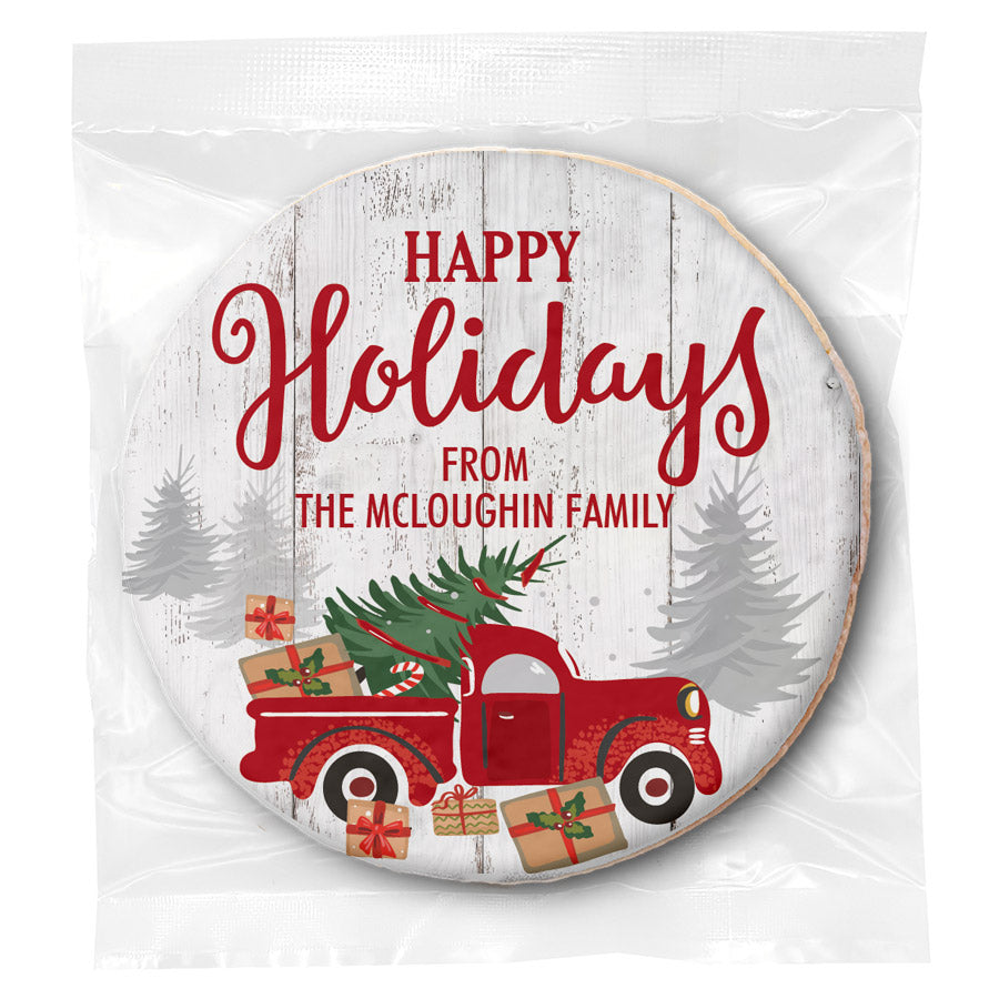 Happy Holidays Red Truck - Personalized Direct Print On Round Sugar Cookie