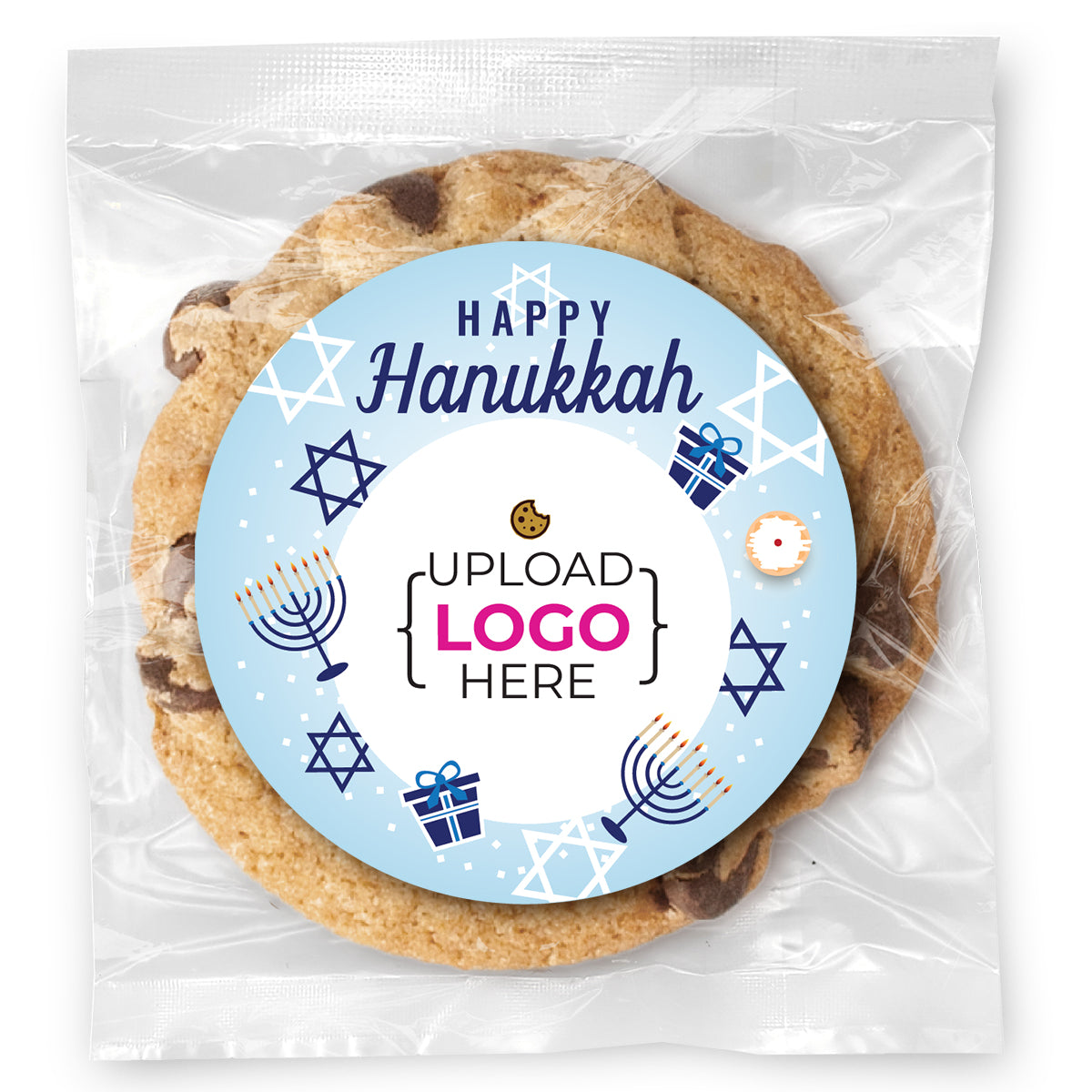Happy Hannukah Logo Upload - Gourmet Chocolate Chip Or Variety Pack W/ Full Color Personalized Sticker