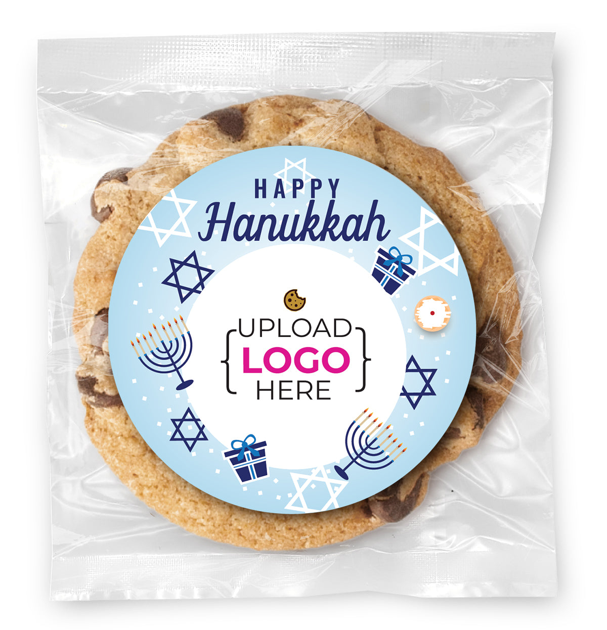 Happy Hannukah Logo Upload - Gourmet Chocolate Chip Or Variety Pack W/ Full Color Personalized Sticker