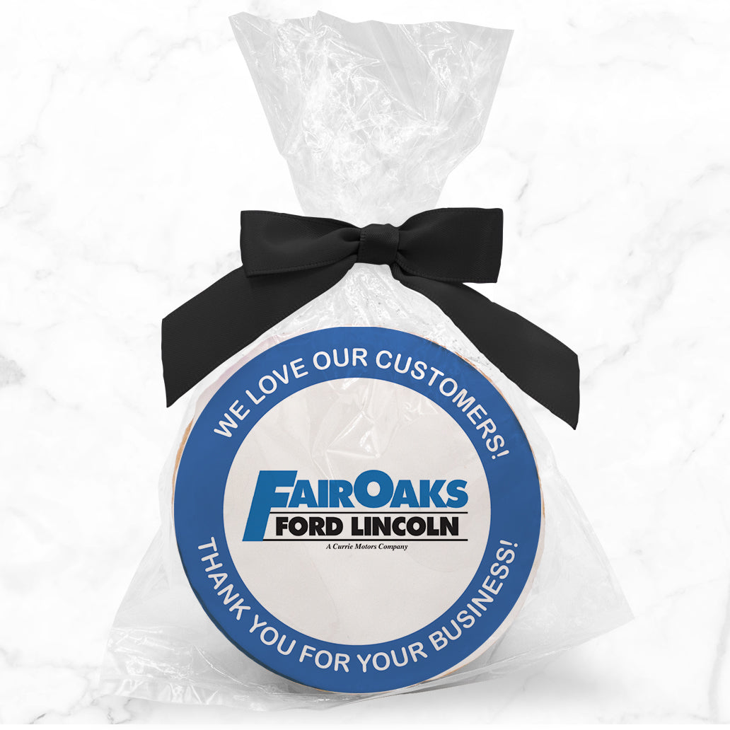 Personalized Corporate Logo Upload & Message - Personalized Direct Print On Round Sugar Cookie w/ Gift Bag & Matching Bow