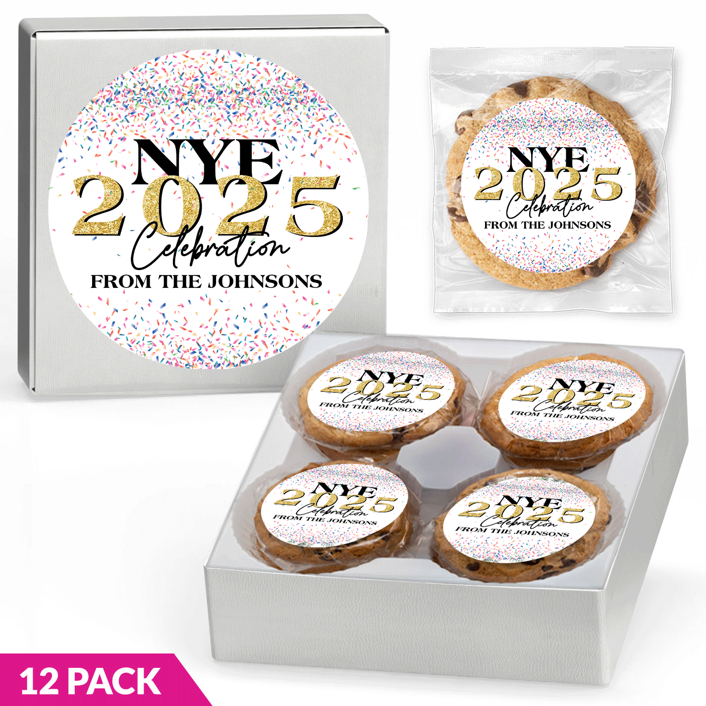 NYE Celebration - Gourmet Chocolate Chip or Variety Pack w/ Full Color Personalized Sticker Gift Box