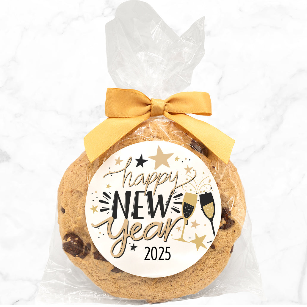 Happy New Year Cheer - Gourmet Chocolate Chip Or Variety Pack W/ Full Color Personalized Sticker w/ Gift Bag & Matching Bow