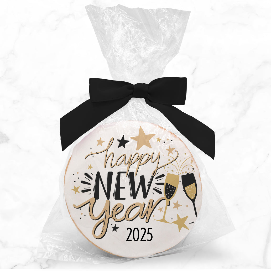 Happy New Year Cheer - Personalized Direct Print On Round Sugar Cookie w/ Gift Bag & Matching Bow