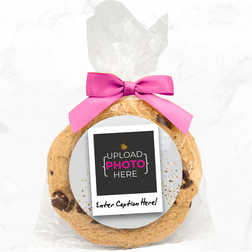 Upload Your Own Photo - Polaroid  & Caption - Gourmet Chocolate Chip Or Variety Pack W/ Full Color Personalized Sticker w/ Gift Bag & Matching Bow