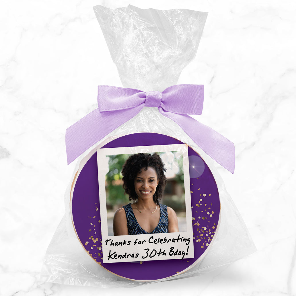 Upload your Own Photo - Color Choice Birthday Polaroid & Caption - Personalized Direct Print On Round Sugar Cookie w/ Gift Bag & Matching Bow