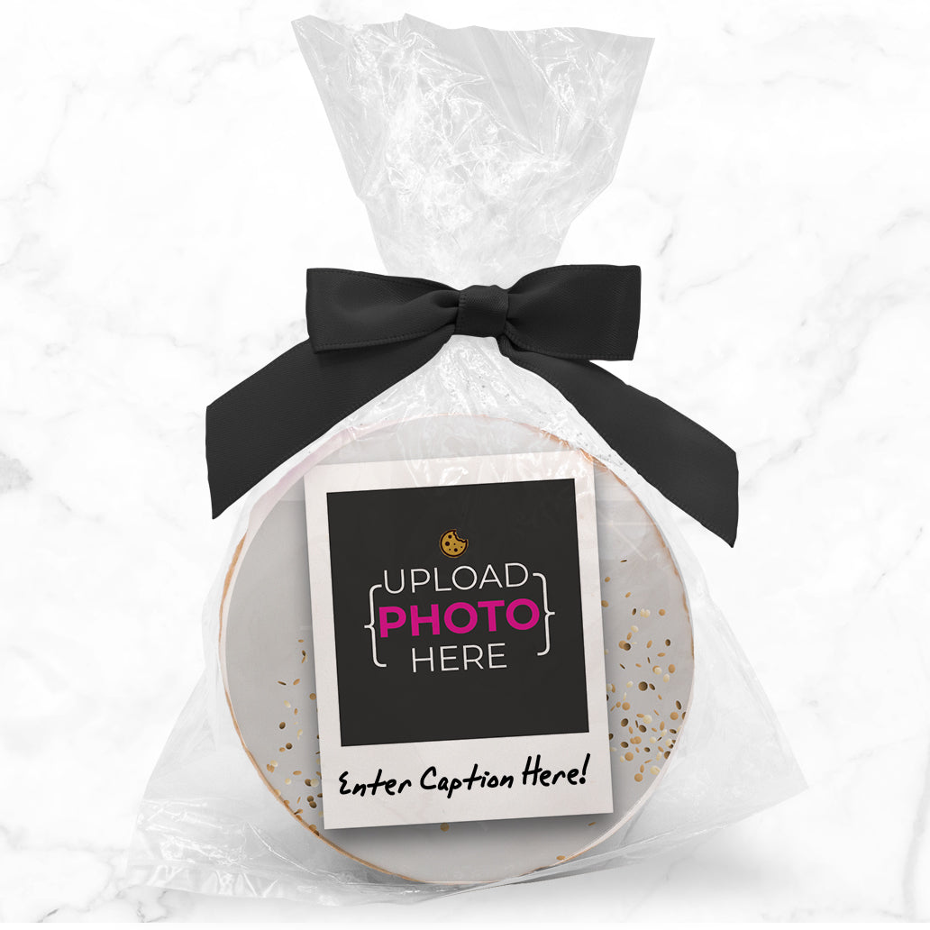 Upload your own Photo - Birthday Polaroid & Caption - Personalized Direct Print On Round Sugar Cookie w/ Gift Bag & Matching Bow