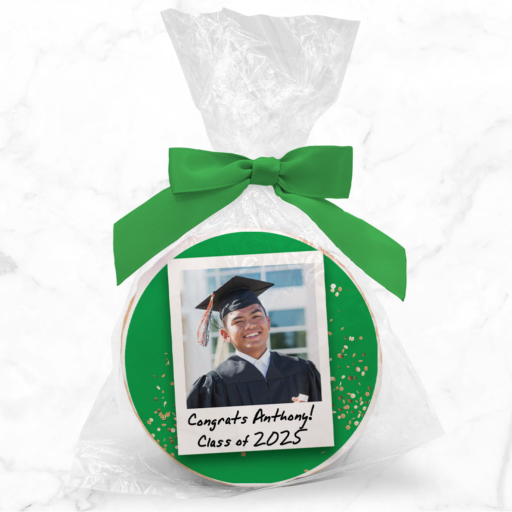 Upload your Own Photo - Color Choice Birthday Polaroid & Caption - Personalized Direct Print On Round Sugar Cookie w/ Gift Bag & Matching Bow
