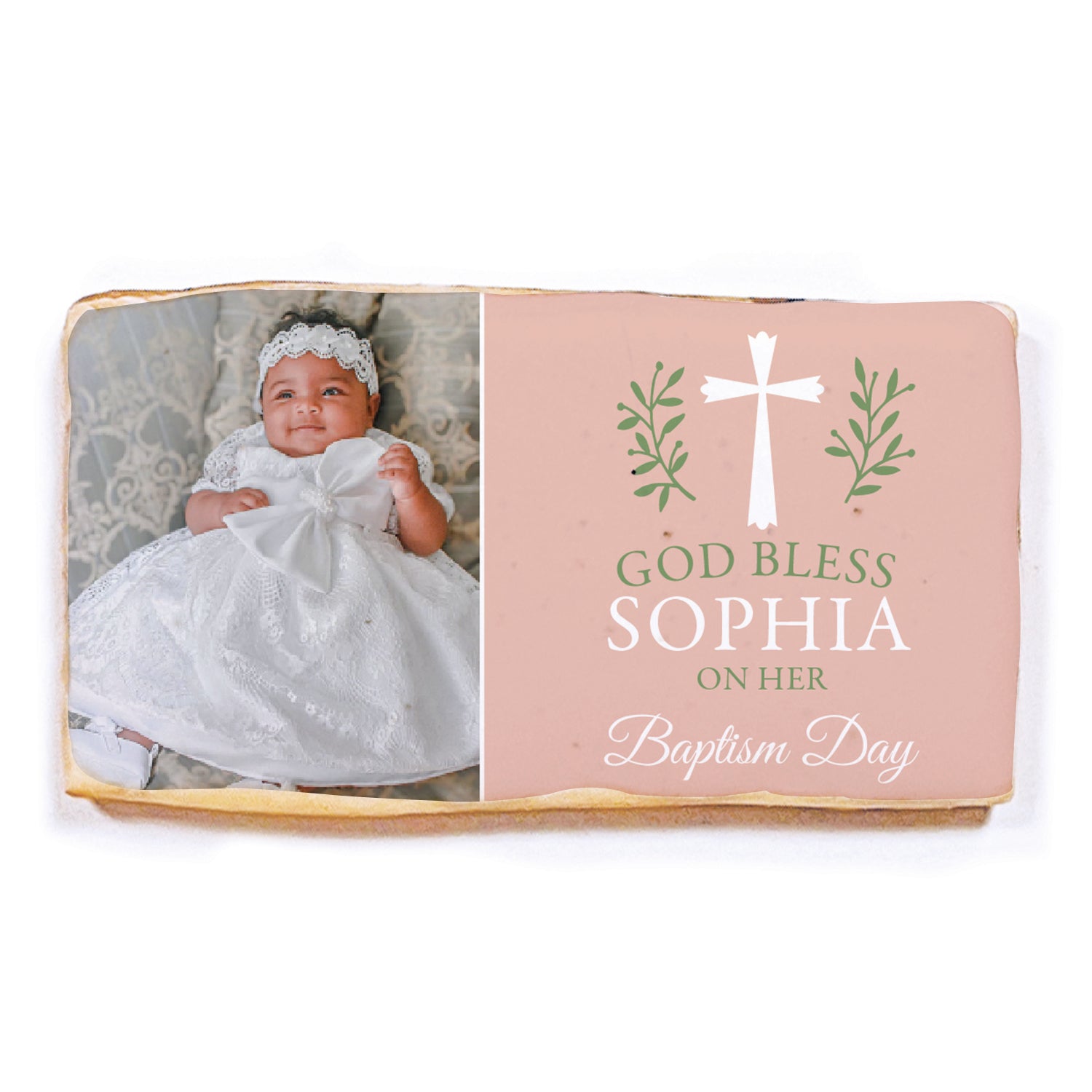 God Bless Simple Cross Pink Photo - Personalized Direct Print on Rectangle Sugar Cookies