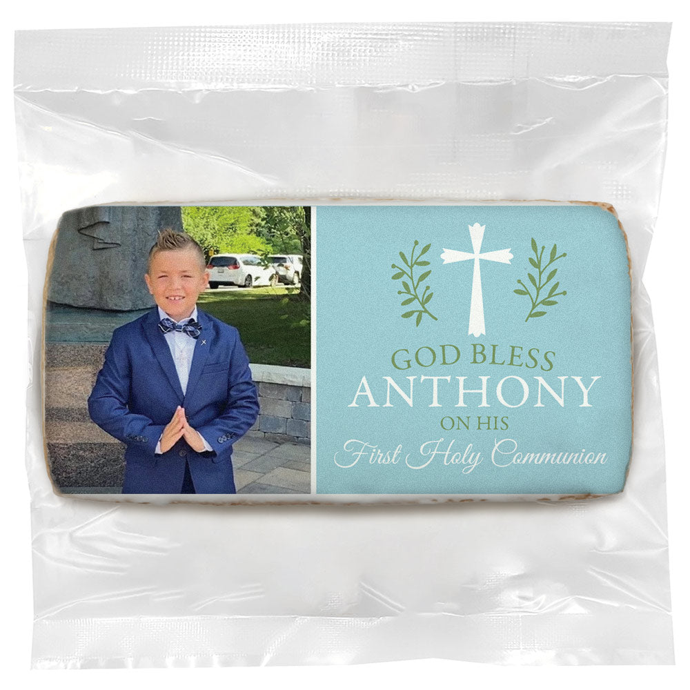 God Bless Simple Cross Blue Photo - Personalized Direct Print on Rectangle Sugar Cookies