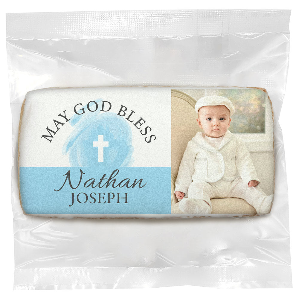 May God Bless Photo Blue - Personalized Direct Print on Square Sugar Cookies