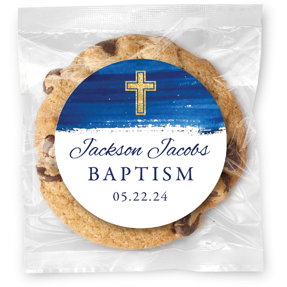 Watercolor Gold Cross Blue - Gourmet Chocolate Chip Or Variety Pack W/ Full Color Personalized Sticker