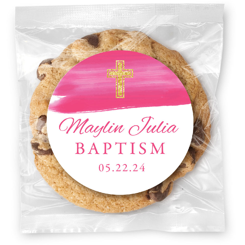 Watercolor Gold Cross Pink - Gourmet Chocolate Chip Or Variety Pack W/ Full Color Personalized Sticker