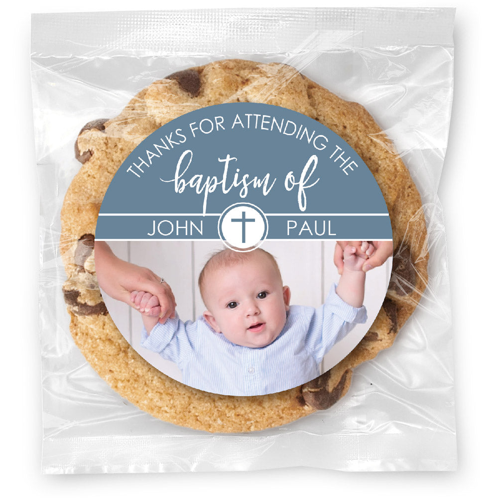 Blue Baptism Circle Cross Photo - Gourmet Chocolate Chip Or Variety Pack W/ Full Color Personalized Sticker