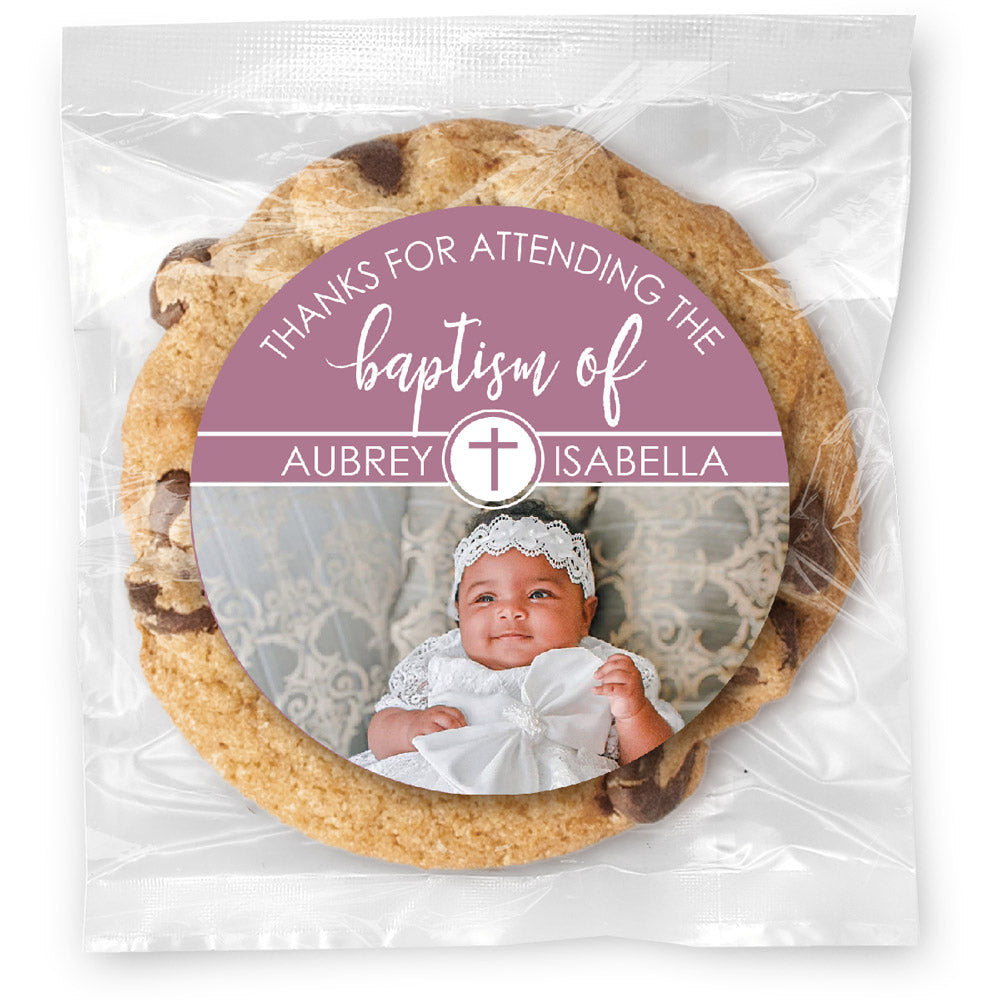 Pink Baptism Circle Cross Photo - Gourmet Chocolate Chip Or Variety Pack W/ Full Color Personalized Sticker