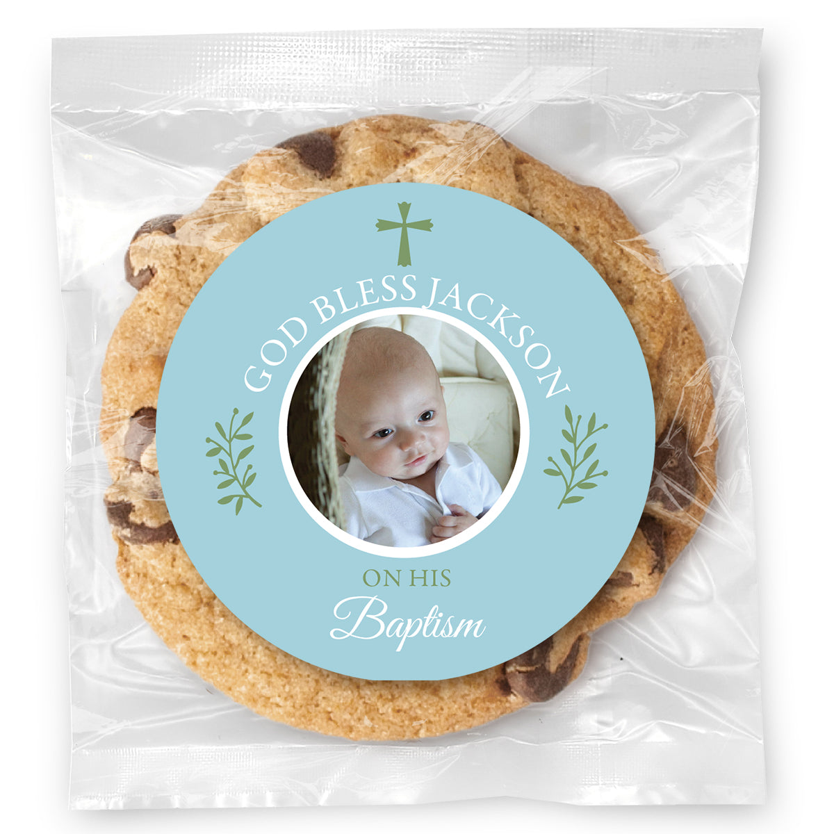 Baptism Simple Cross Photo - Blue - Gourmet Chocolate Chip Or Variety Pack W/ Full Color Personalized Sticker