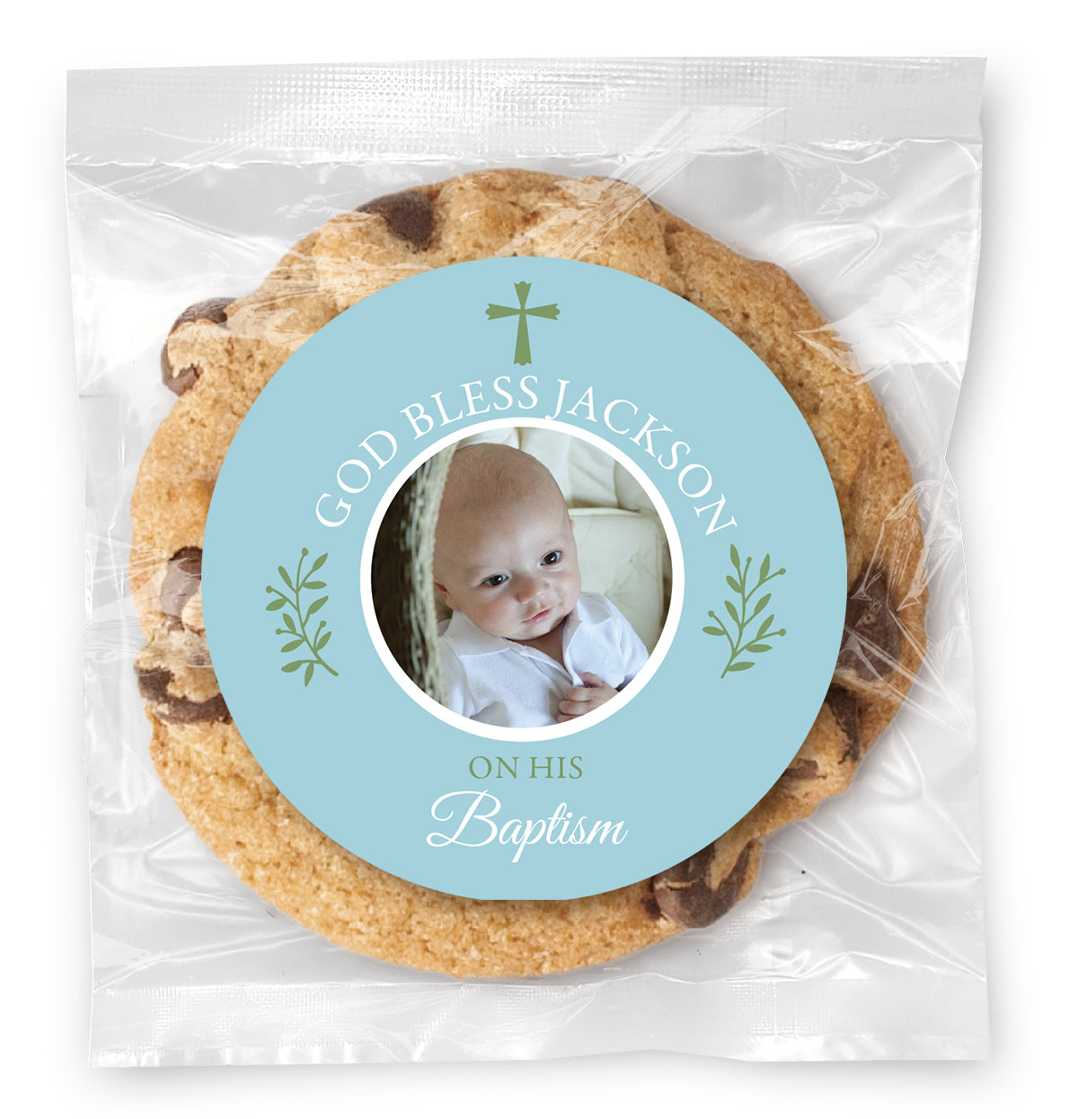 Baptism Simple Cross Photo - Blue - Gourmet Chocolate Chip Or Variety Pack W/ Full Color Personalized Sticker