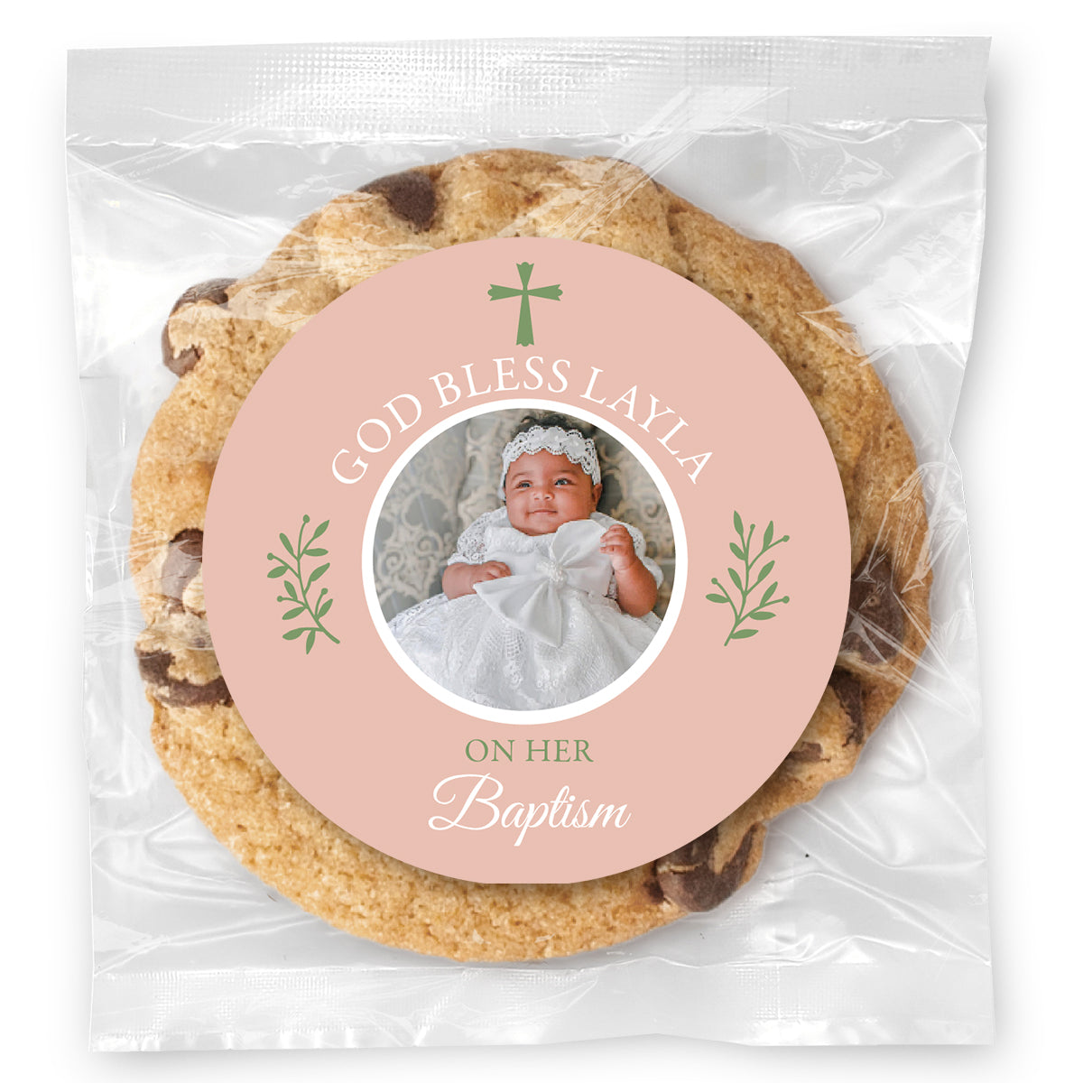 Baptism Simple Cross Photo - Pink - Gourmet Chocolate Chip Or Variety Pack W/ Full Color Personalized Sticker