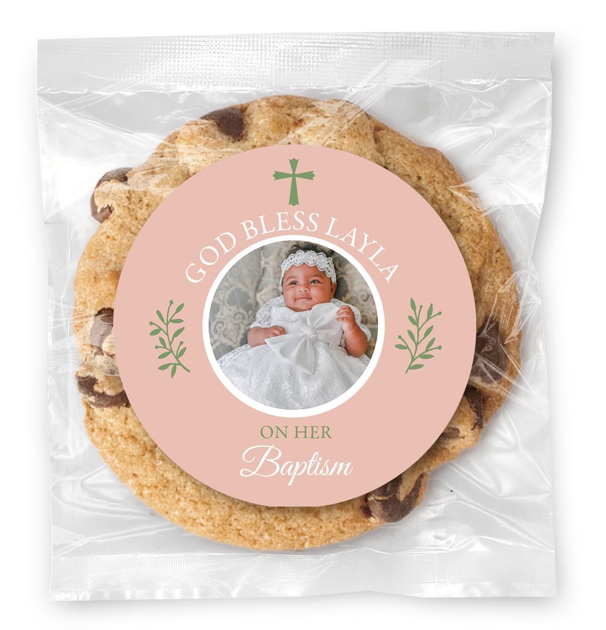 Baptism Simple Cross Photo - Pink - Gourmet Chocolate Chip Or Variety Pack W/ Full Color Personalized Sticker