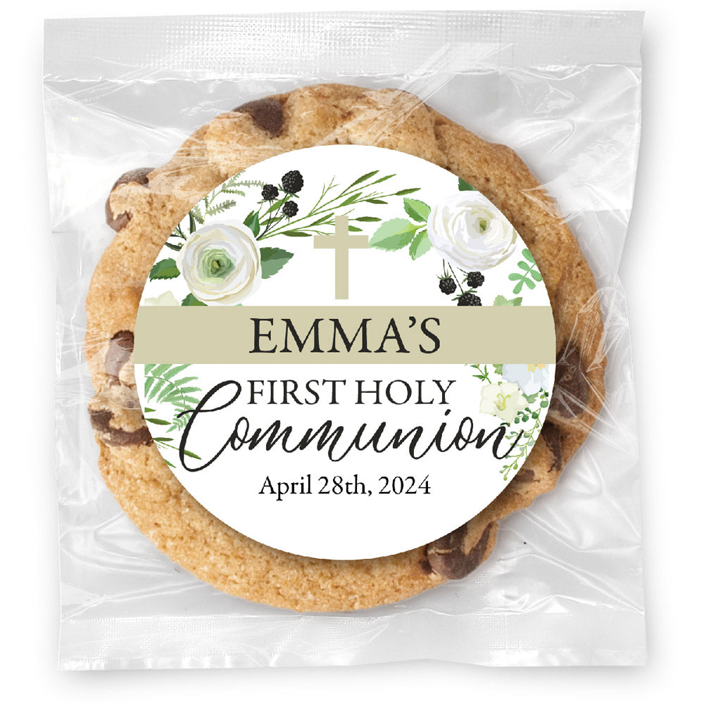 Simple Floral Cross Communion - Gourmet Chocolate Chip Or Variety Pack W/ Full Color Personalized Sticker