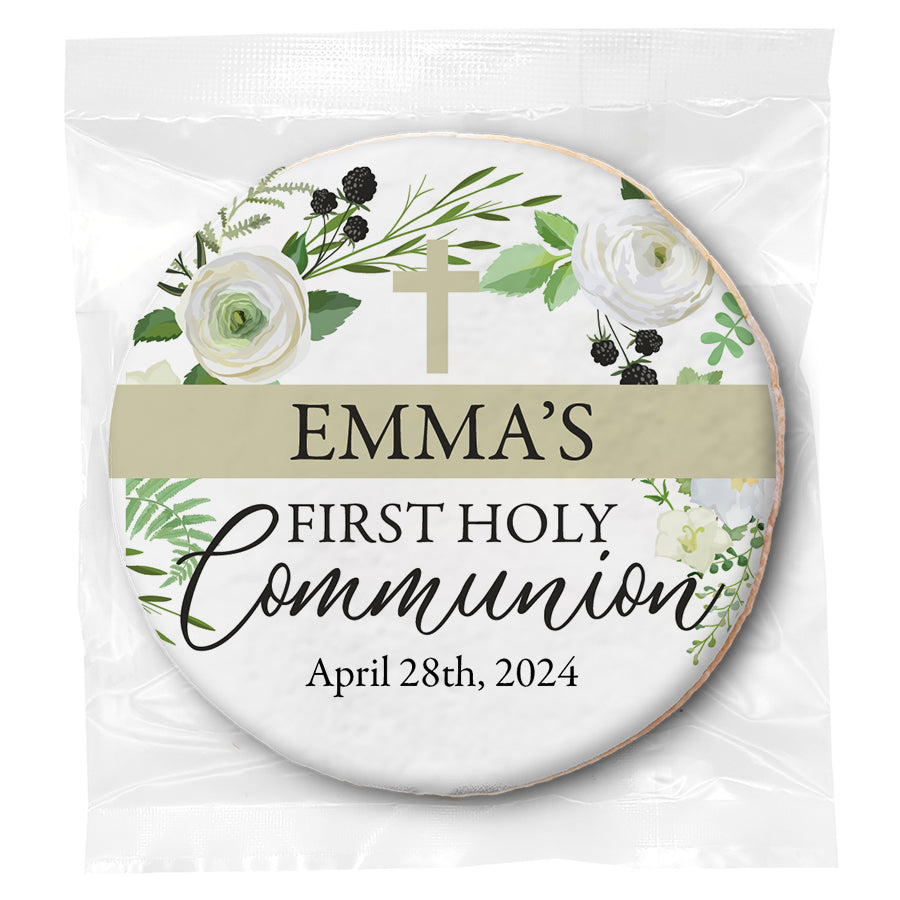 Simple Floral Cross Communion - Personalized Direct Print On Round Sugar Cookie