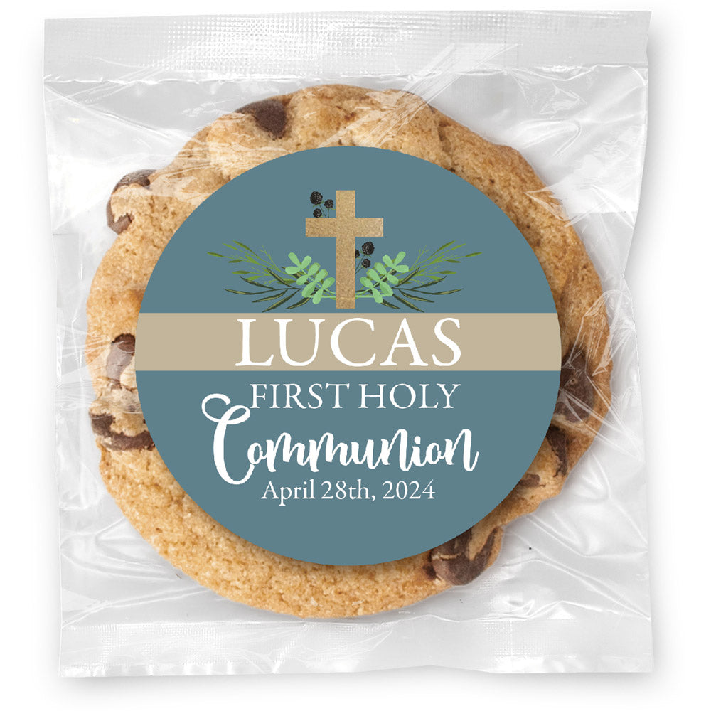 Leafy Gold Cross Blue - Gourmet Chocolate Chip Or Variety Pack W/ Full Color Personalized Sticker