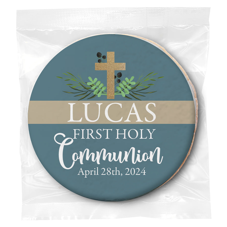 Leafy Gold Cross Blue - Personalized Direct Print On Round Sugar Cookie