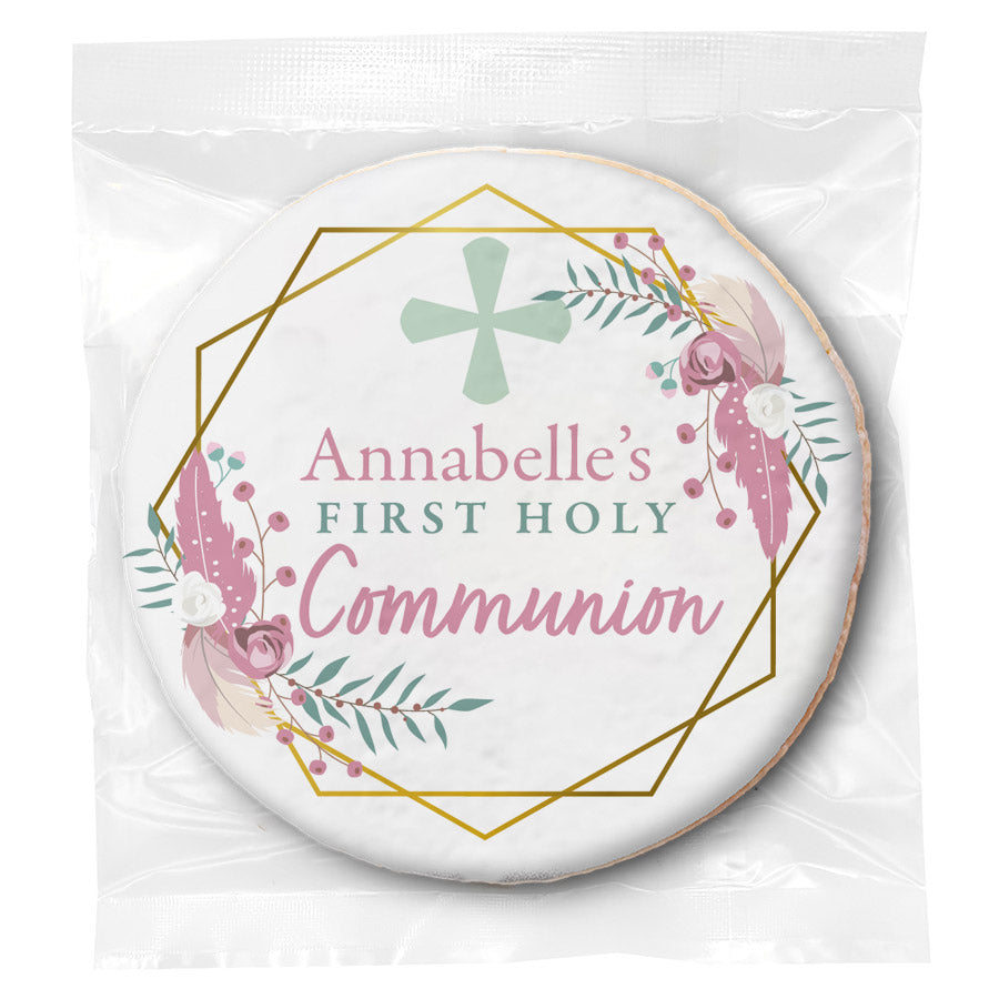 Communion Florals and Feathers - Personalized Direct Print On Round Sugar Cookie