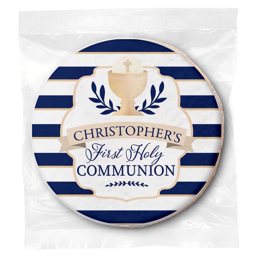 Blue Stripes Communion - Personalized Direct Print On Round Sugar Cookie