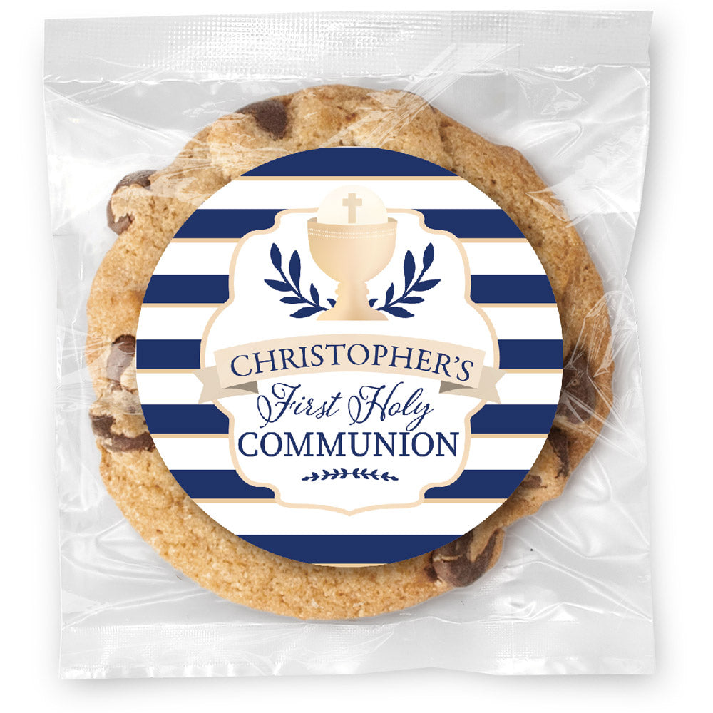 Blue Stripes Communion - Gourmet Chocolate Chip Or Variety Pack W/ Full Color Personalized Sticker