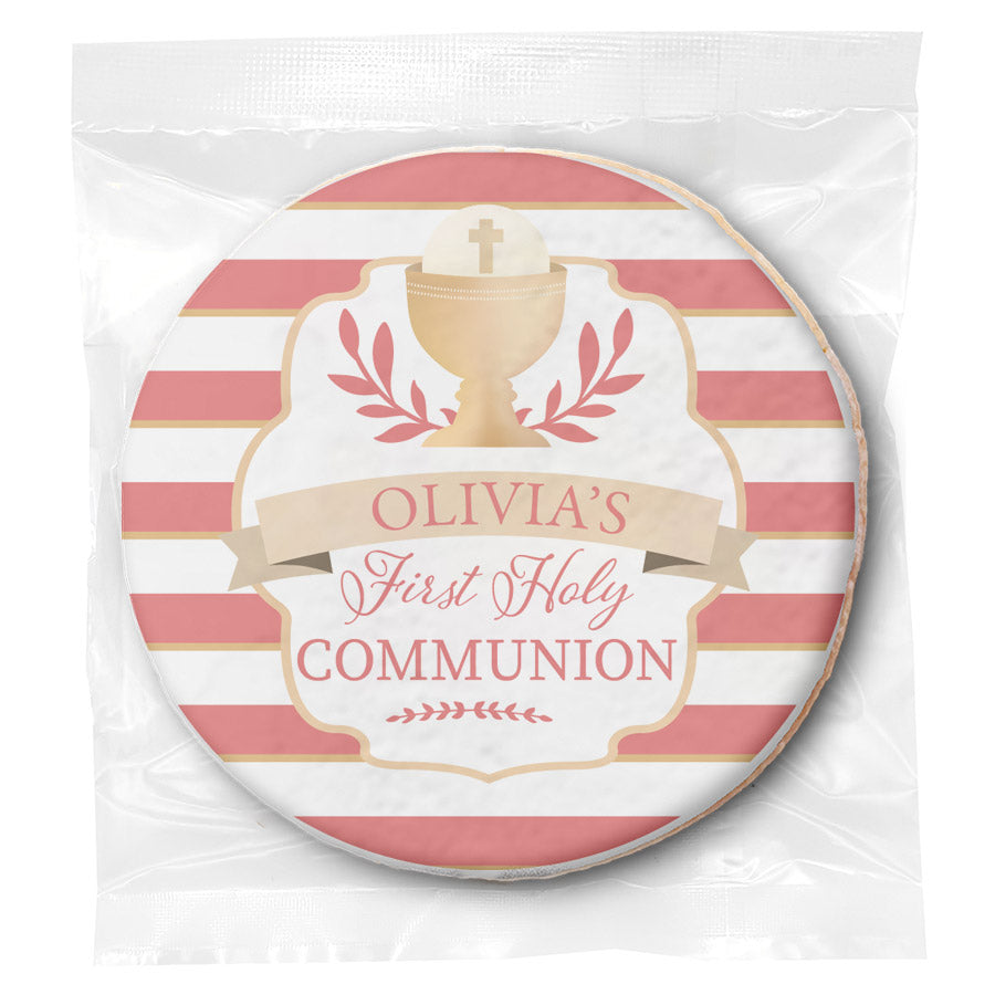 Pink Stripes Communion - Personalized Direct Print On Round Sugar Cookie