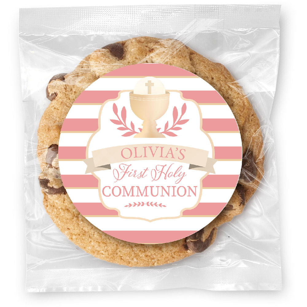 Pink Stripes Communion - Gourmet Chocolate Chip Or Variety Pack W/ Full Color Personalized Sticker