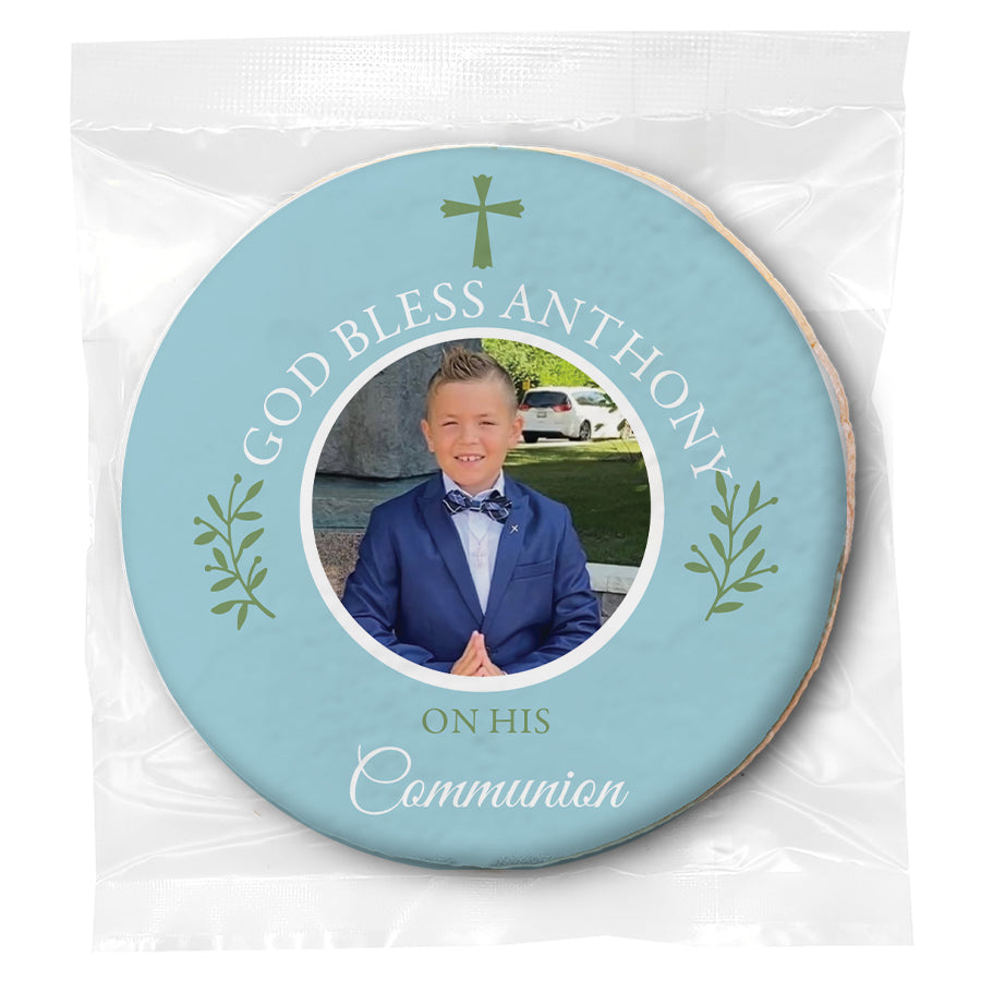 God Bless Simple Cross Photo - Blue - Personalized Direct Print On Round Sugar Cookie