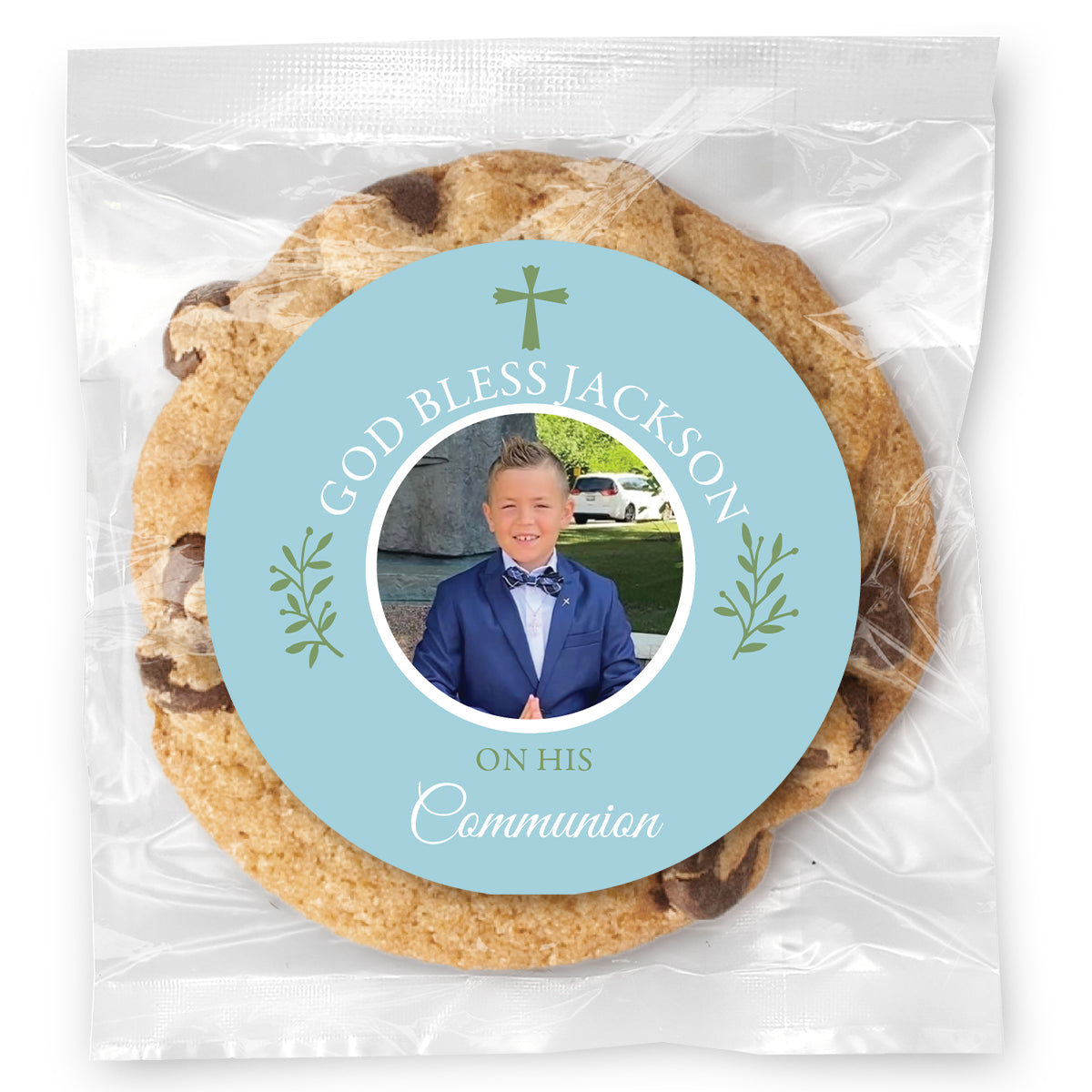 Communion Simple Cross Photo - Blue - Gourmet Chocolate Chip Or Variety Pack W/ Full Color Personalized Sticker