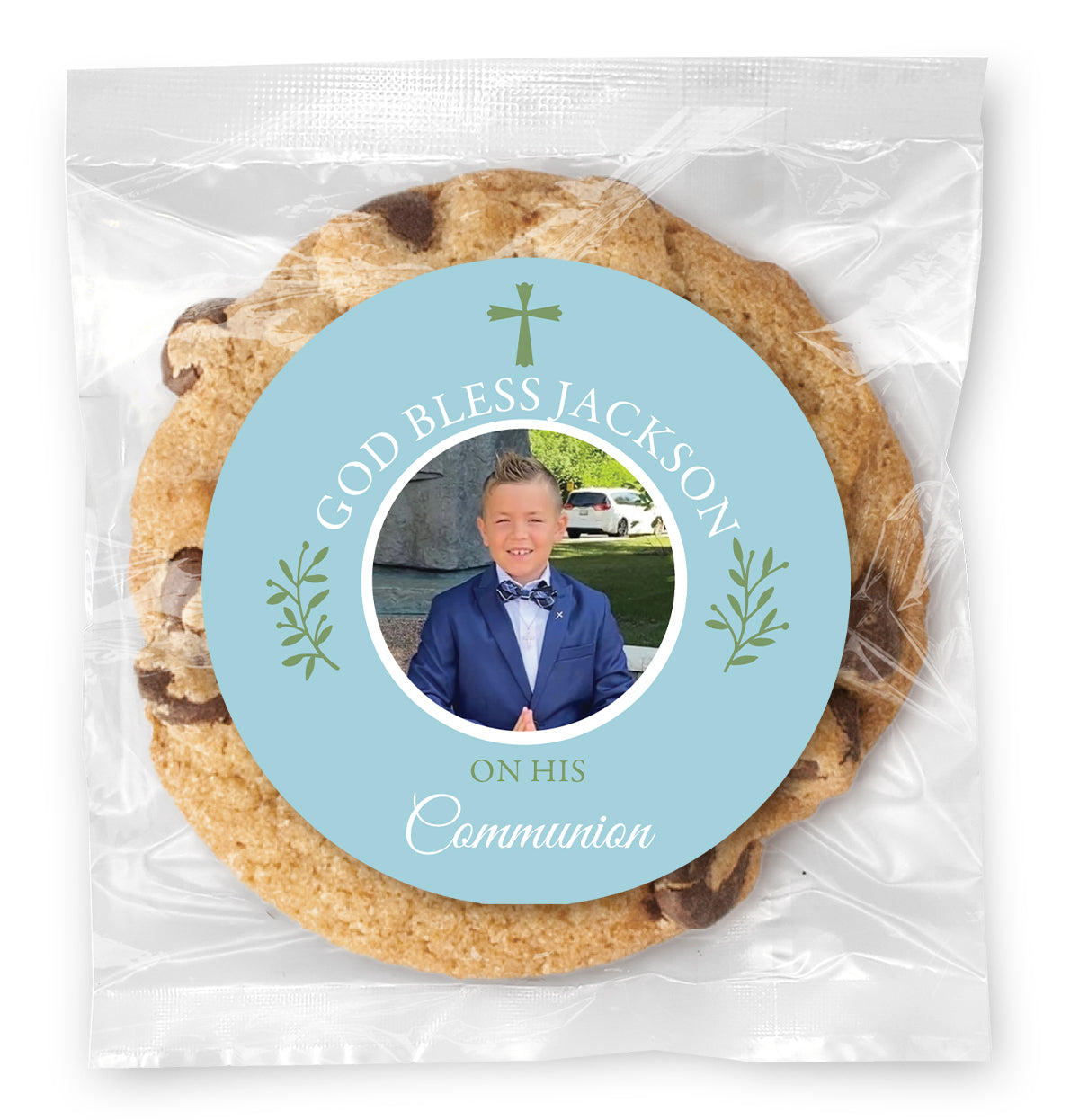 Communion Simple Cross Photo - Blue - Gourmet Chocolate Chip Or Variety Pack W/ Full Color Personalized Sticker