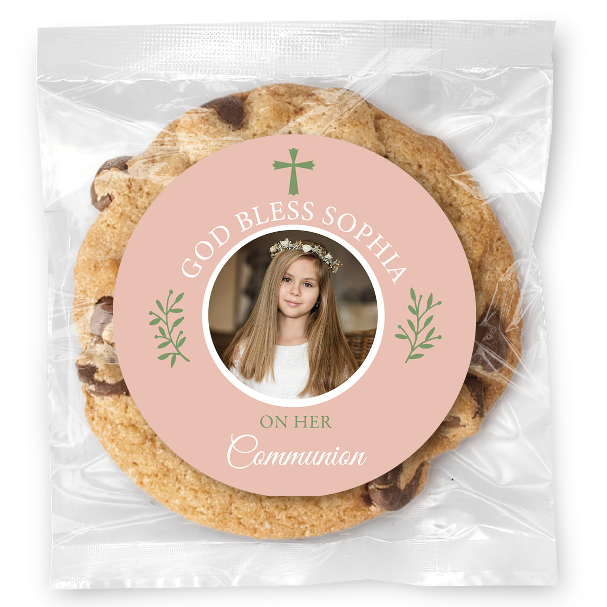 Communion Simple Cross Photo - Pink - Gourmet Chocolate Chip Or Variety Pack W/ Full Color Personalized Sticker
