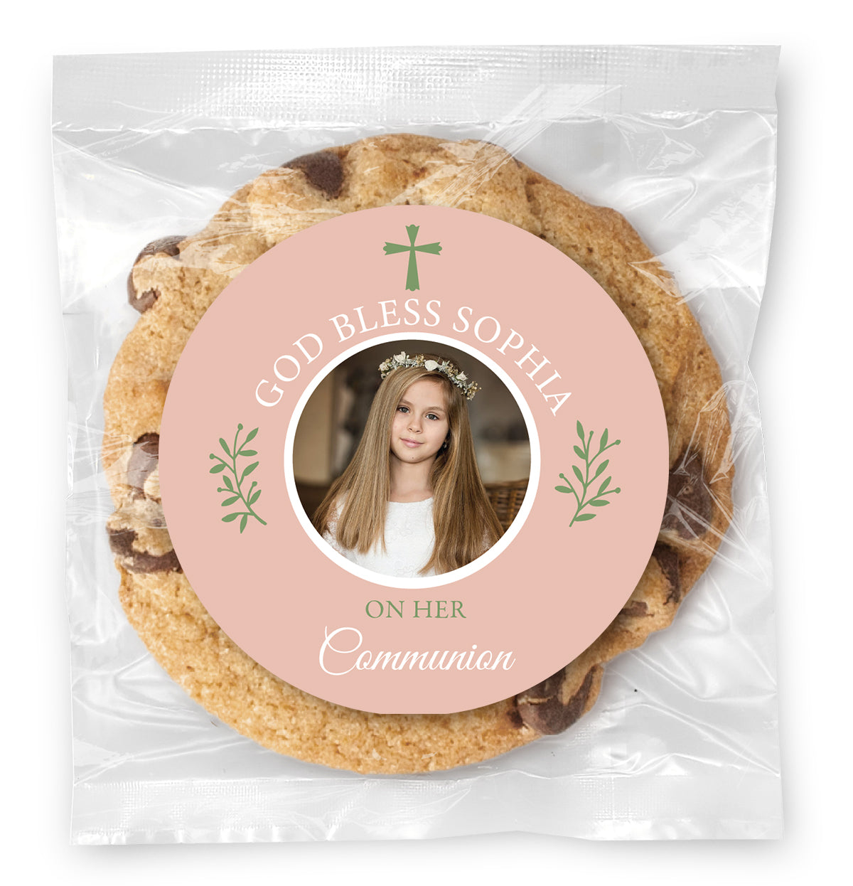 Communion Simple Cross Photo - Pink - Gourmet Chocolate Chip Or Variety Pack W/ Full Color Personalized Sticker